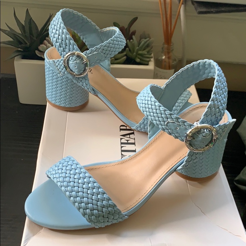 Light Blue Faux Woven Sandal Heels
